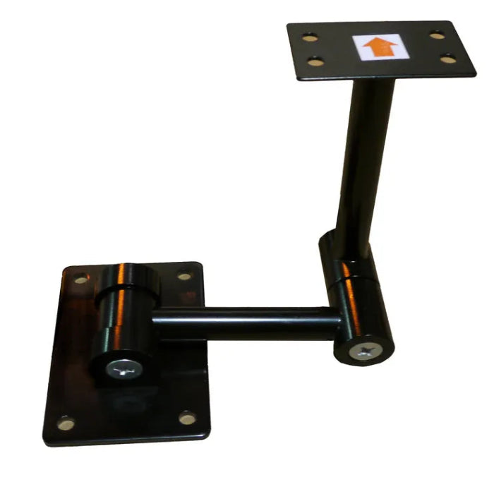 Black metal bracket with adjustable arm on a white background