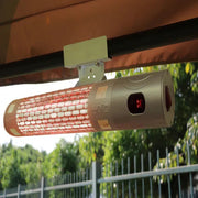 Outdoor heating device attached to a structure with trees in the background