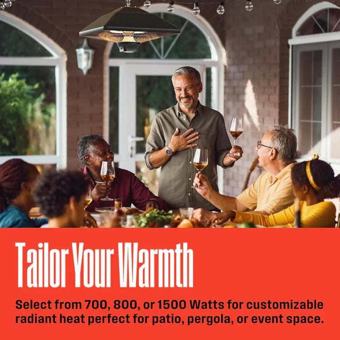 Family gathering around a table with a text overlay about customizable radiant heat.