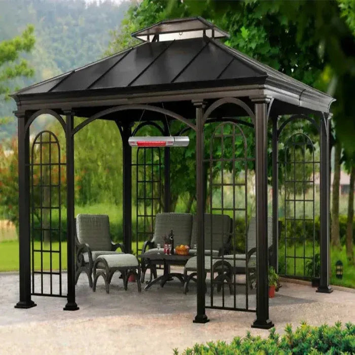 Black metal gazebo with patio furniture and a heater in a garden setting
