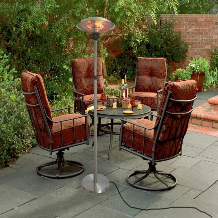 Outdoor patio set with chairs, table, and patio heater on a stone patio.