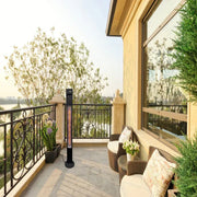 Outdoor patio heater on a balcony with furniture and plants
