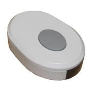 White oval device with a gray circular component on a white background