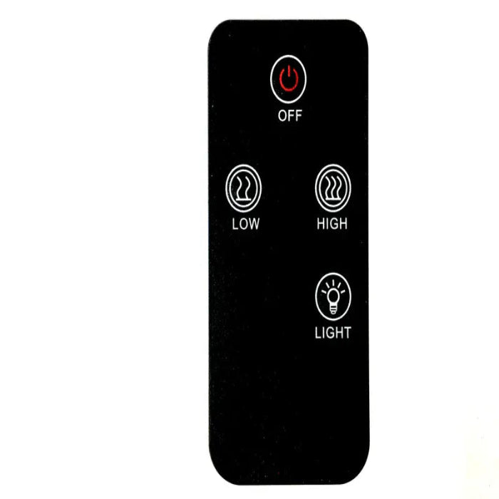 Black remote control with power, low, high, and light icons on a white background