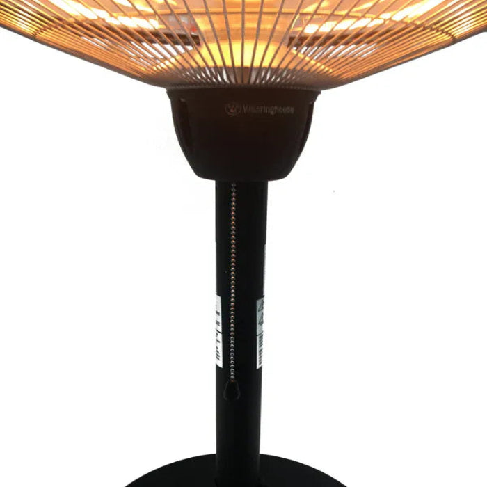 Black patio heater with visible brand logo on a white background