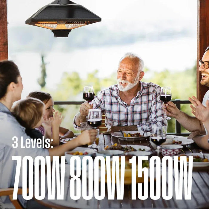 Family enjoying a meal outdoors with a patio heater above them, featuring text on power levels.