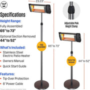 Electric patio heater with adjustable pole height clamp, specifications, and included items listed.