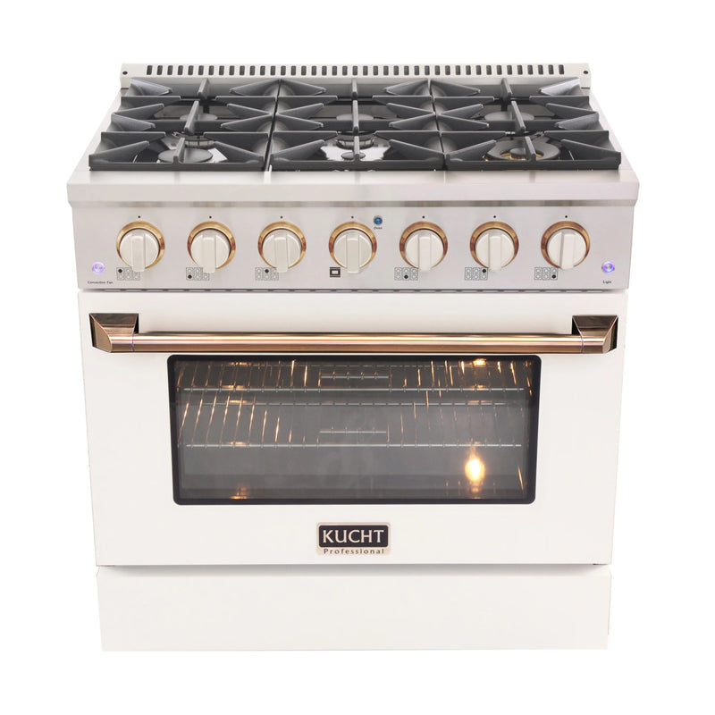 Kucht Professional 36" 5.2 cu ft. Natural Gas Dual Fuel Range with White Door and Gold Knobs, KDF362-W-GOLD