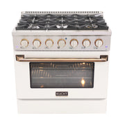 Kucht Professional 36" 5.2 cu ft. Propane Gas Range with White Door and Gold Knobs, KNG361/LP-W-GOLD