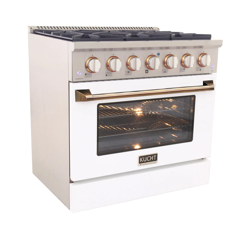 Kucht Professional 36" 5.2 cu ft. Natural Gas Range with White Door and Gold Knobs, KNG361-W-GOLD
