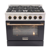 Kucht Professional 36" 5.2 cu ft. Propane Gas Range with Black Door and Gold Knobs, KNG361/LP-K-GOLD