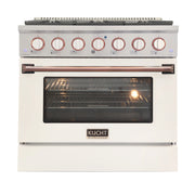 Kucht Professional 36" 5.2 cu ft. Propane Gas Range with White Door and Rose Gold Knobs, KNG361/LP-W-ROSE