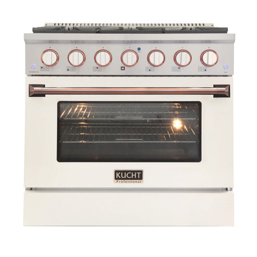 Kucht Professional 36" 5.2 cu ft. Natural Gas Range with White Door and Rose Gold Knobs, KNG361-W-ROSE