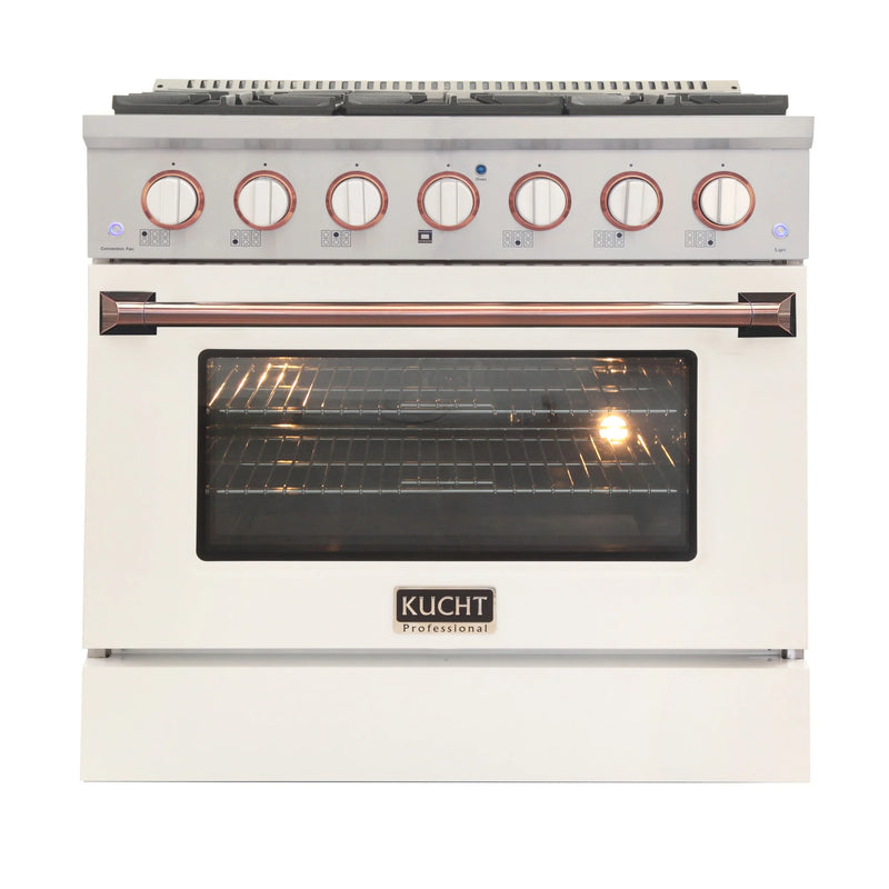 Kucht Professional 36" 5.2 cu ft. Natural Gas Dual Fuel Range with White Door and Rose Gold Knobs, KDF362-W-ROSE
