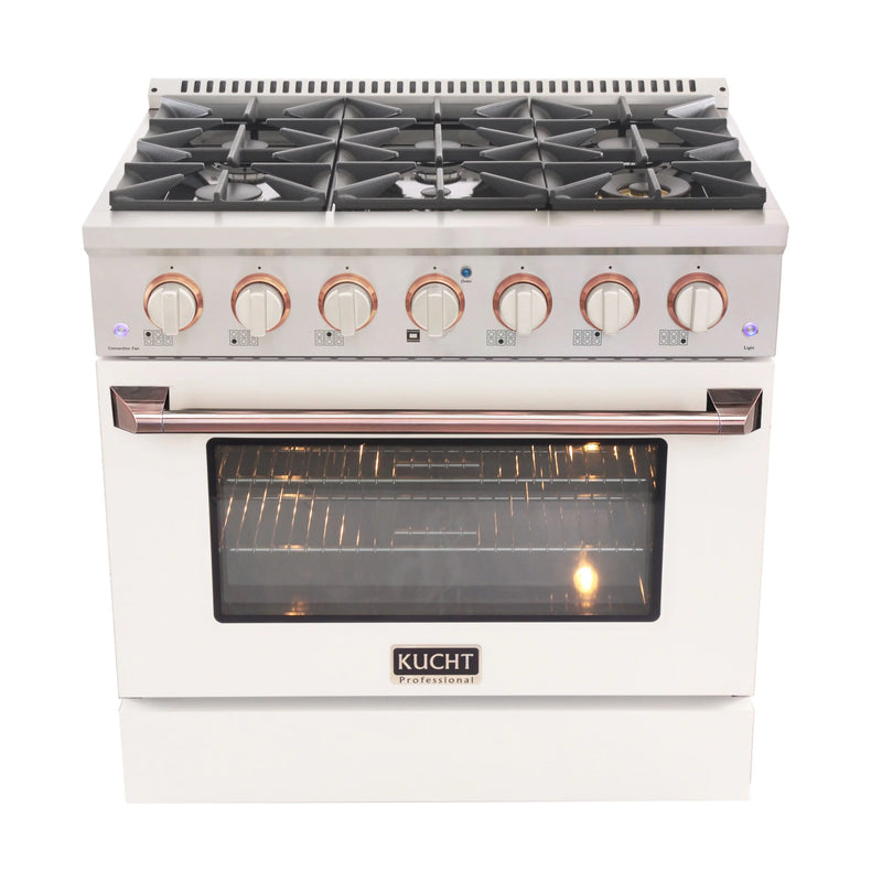 Kucht Professional 36" 5.2 cu ft. Propane Gas Dual Fuel Range with White Door and Rose Gold Knobs, KDF362/LP-W-ROSE